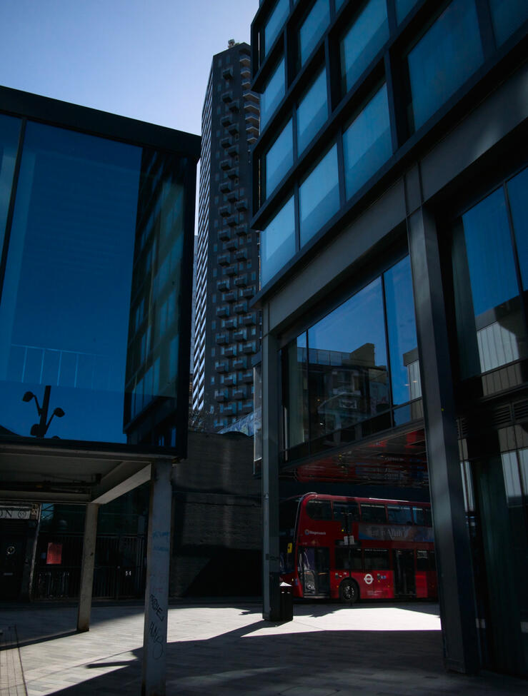 Blue and red with bus